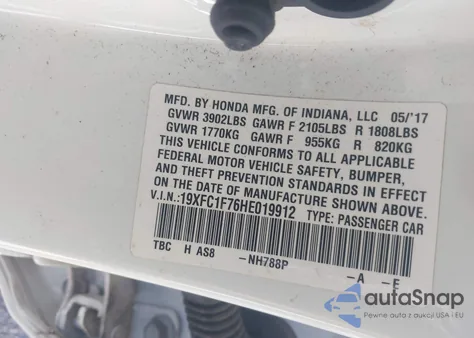 2017 Honda Civic Ex-L from USA, damaged, VIN 19XFC1F76HE019912
